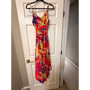 MSK Floral Asymmetrical Hem Midi Dress Tie Waist Rayon Medium